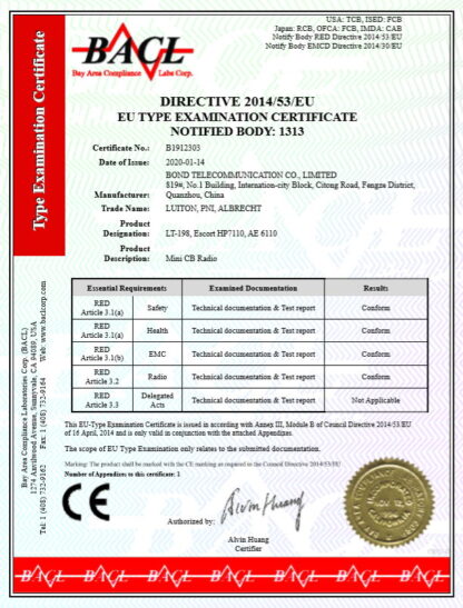 Luiton LT-198 Two-way Radio certificate