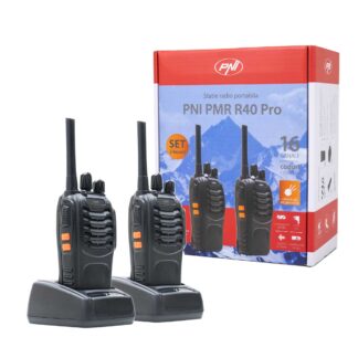 PNI PMR R40 Pro portable radio station, set with 2 pcs, 0.5W, ASQ, TOT, monitor, programmable, 1200mAh batteries, chargers and headphones included