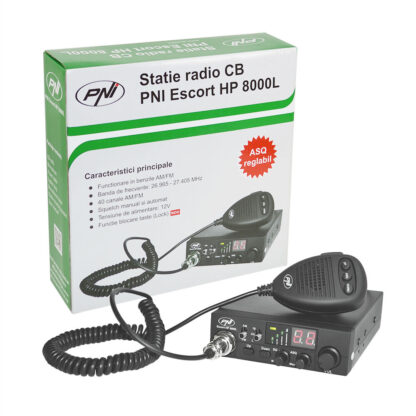 CB PNI Escort radio station HP 8000L with adjustable ASQ, 12V, 4W, Lock, lighter plug included and its box