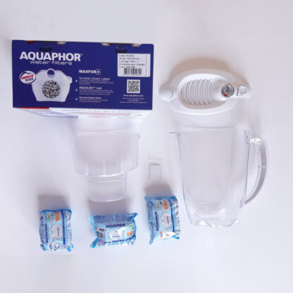 Aquaphor Amethyst White filter jug (pitcher) with 3 maxfor plus replacements full set flatlay