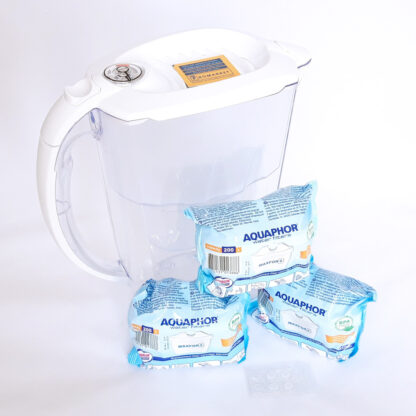 Aquaphor Amethyst White filter jug (pitcher) with three unpacked Maxfor plus cartridges Set