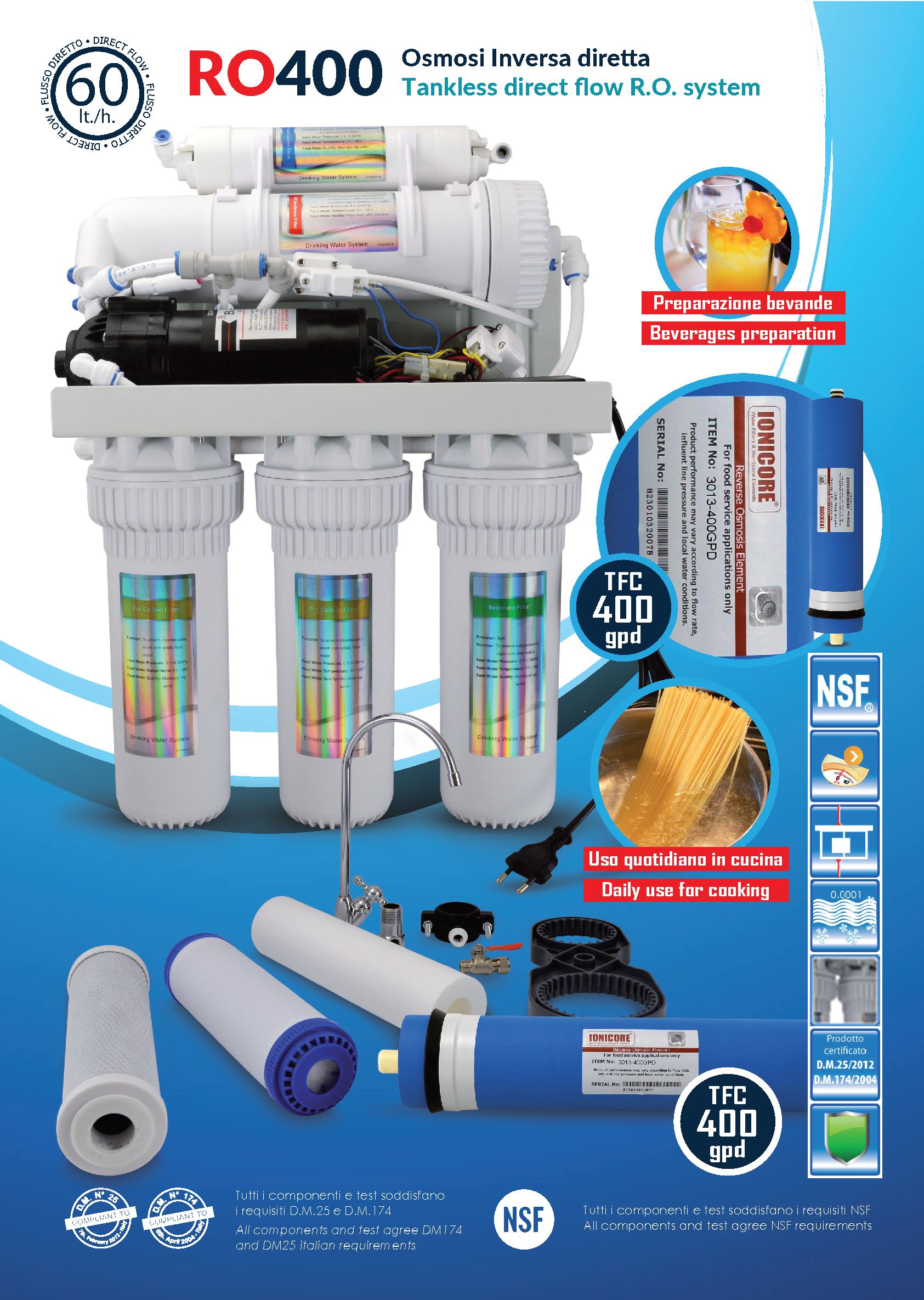 RO400 direct flow (tankless) reverse osmosis system 65lt./h. 400 GPD