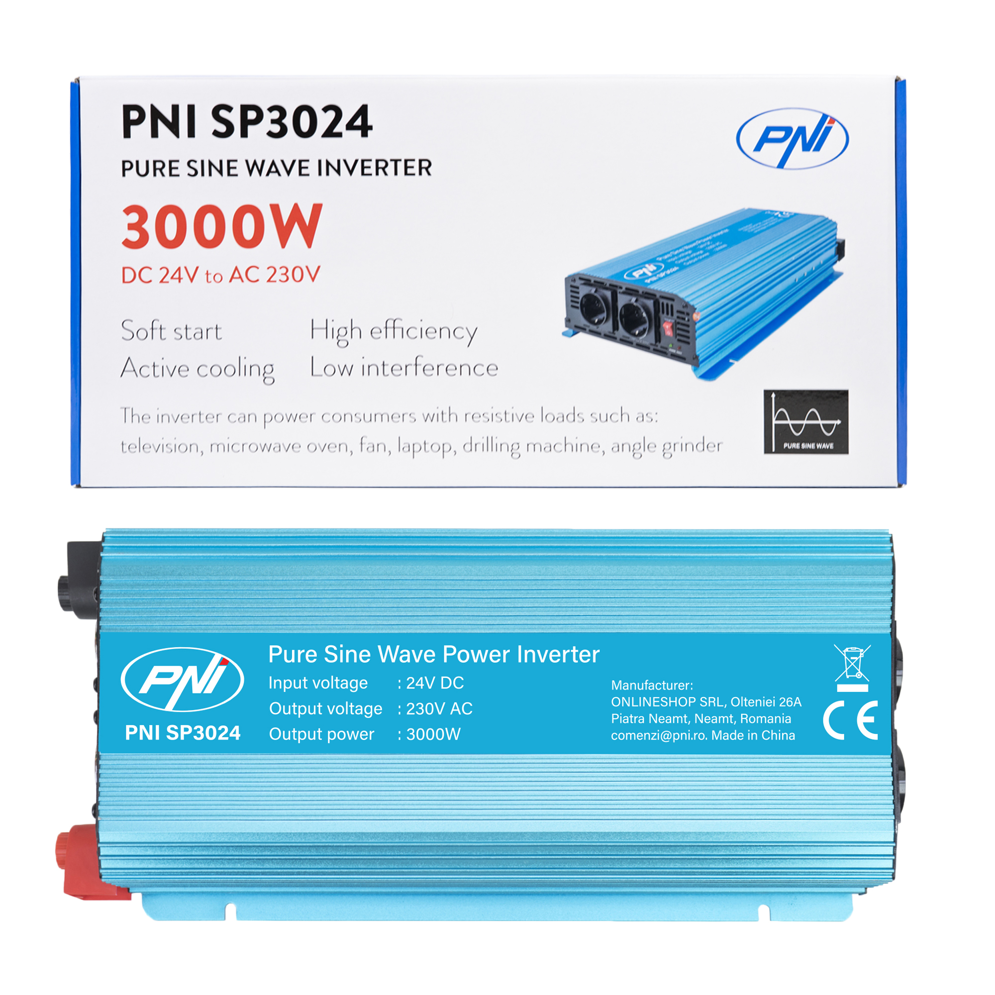 Voltage inverter PNI SP3024 24V power supply 230V output 3000W pure sine wave