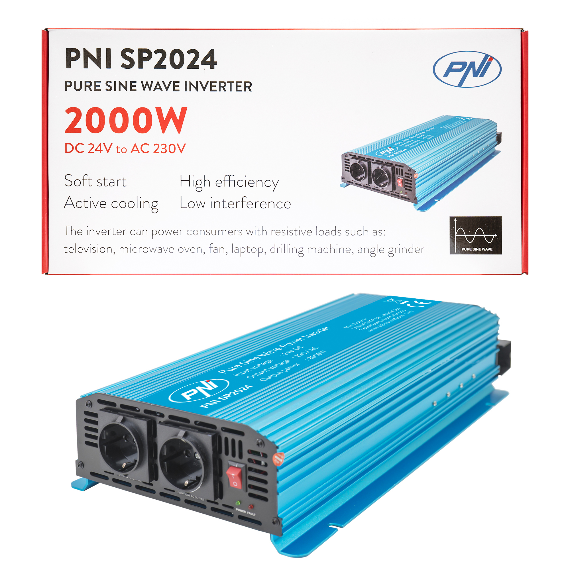 Voltage inverter PNI SP2024 24V power supply 230V output 2000W pure sine wave