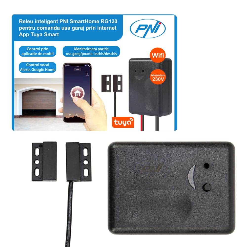PNI SmartHome RG120 WiFi smart relay for controlling garage door/gate opening monitored via the internet with PNI Smart/Tuya Smart
