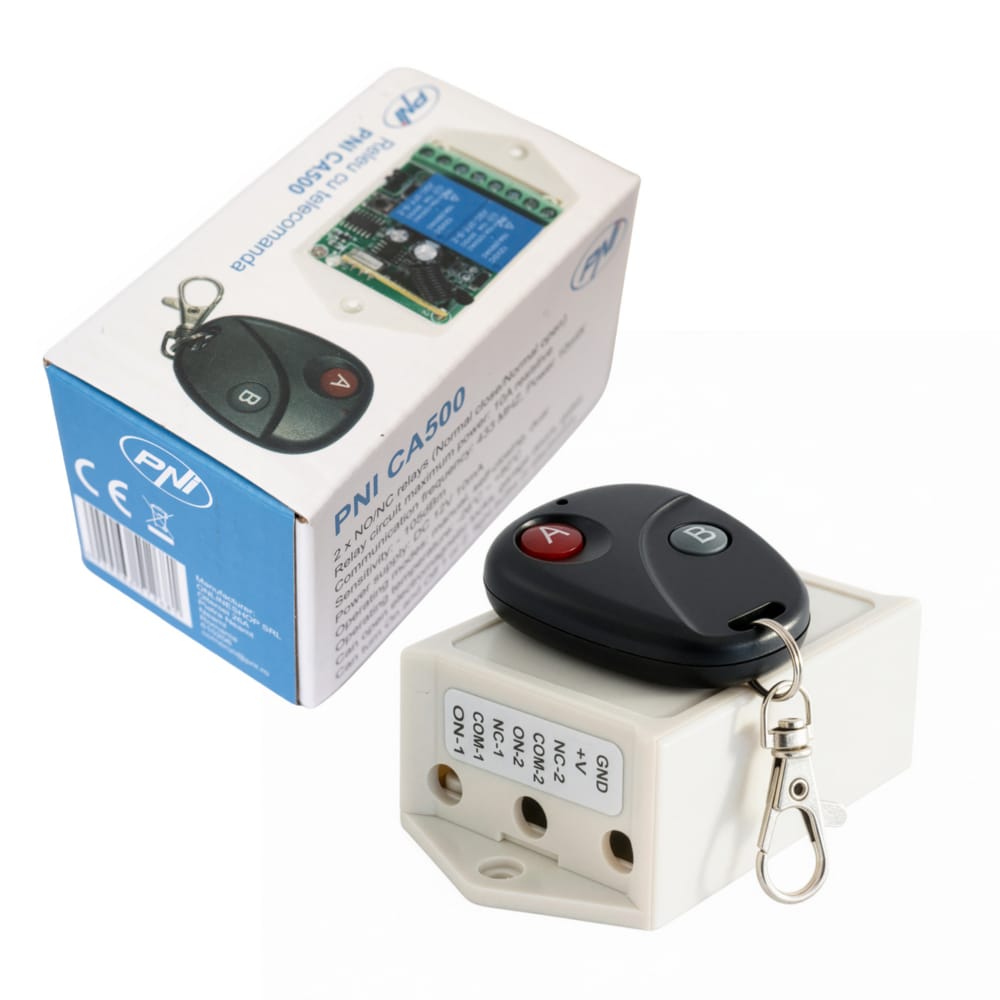 Relay with PNI CA500 remote control for controlling 1 or 2 garage doors